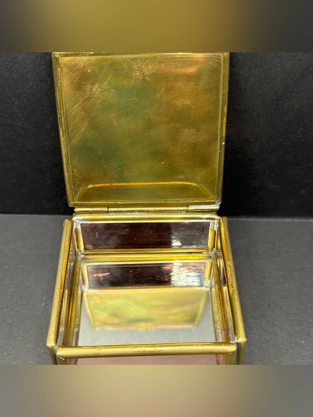 Vintage Via Vermont Cherub Brass Stained Art Glass Trinket Box Holographic